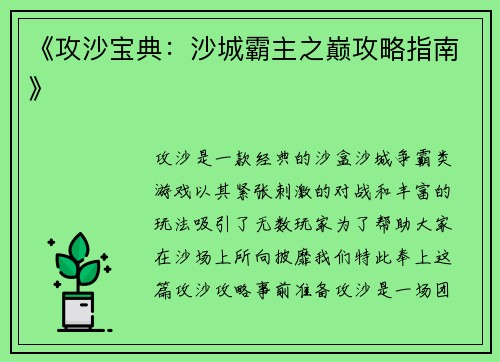 《攻沙宝典：沙城霸主之巅攻略指南》
